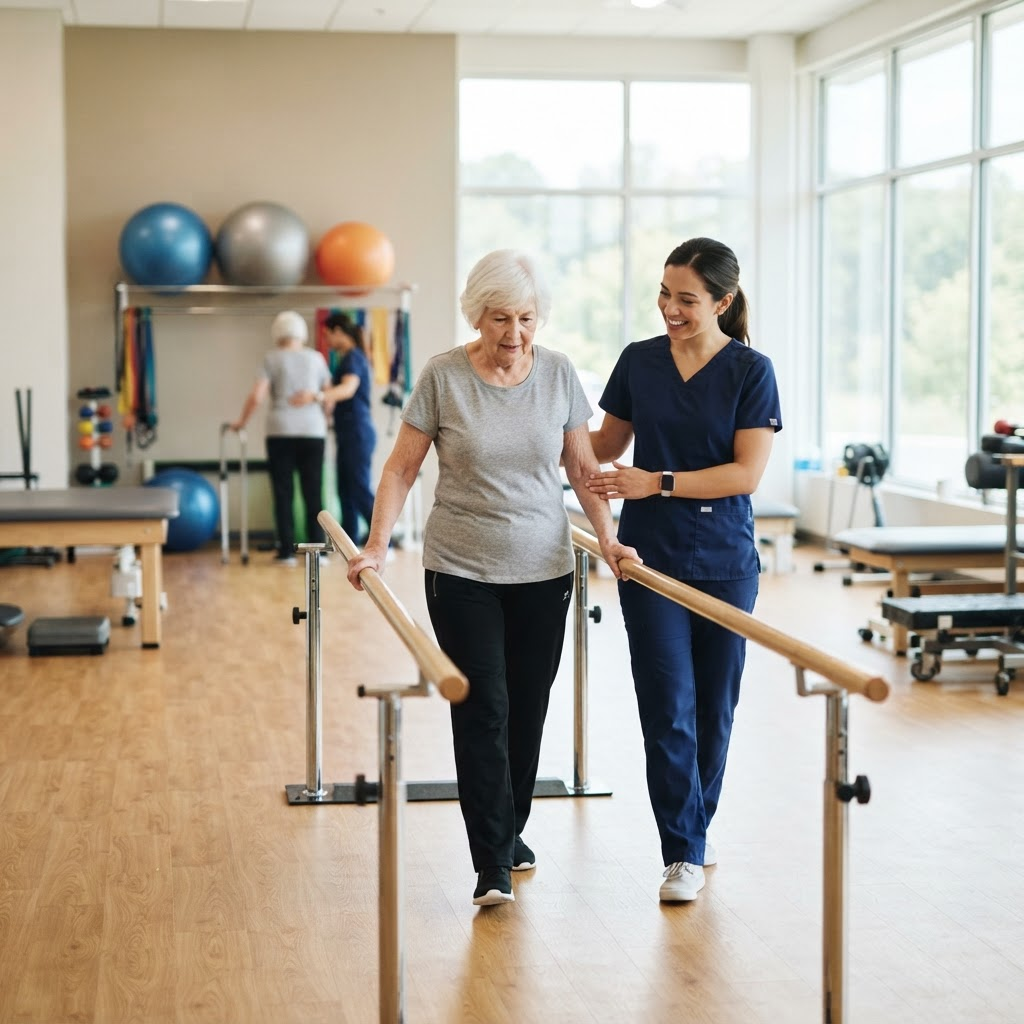 Therapist helping a patient with balance training inside the Centra Hill clinic